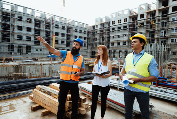 Construction site manager brainstorming with architect and engineer with multi-residential building under construction in the background