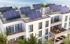 Modern apartment complex with solar panels