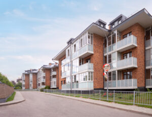 Multi-family architecture concept - Rows of multi-family housing in a city setting.